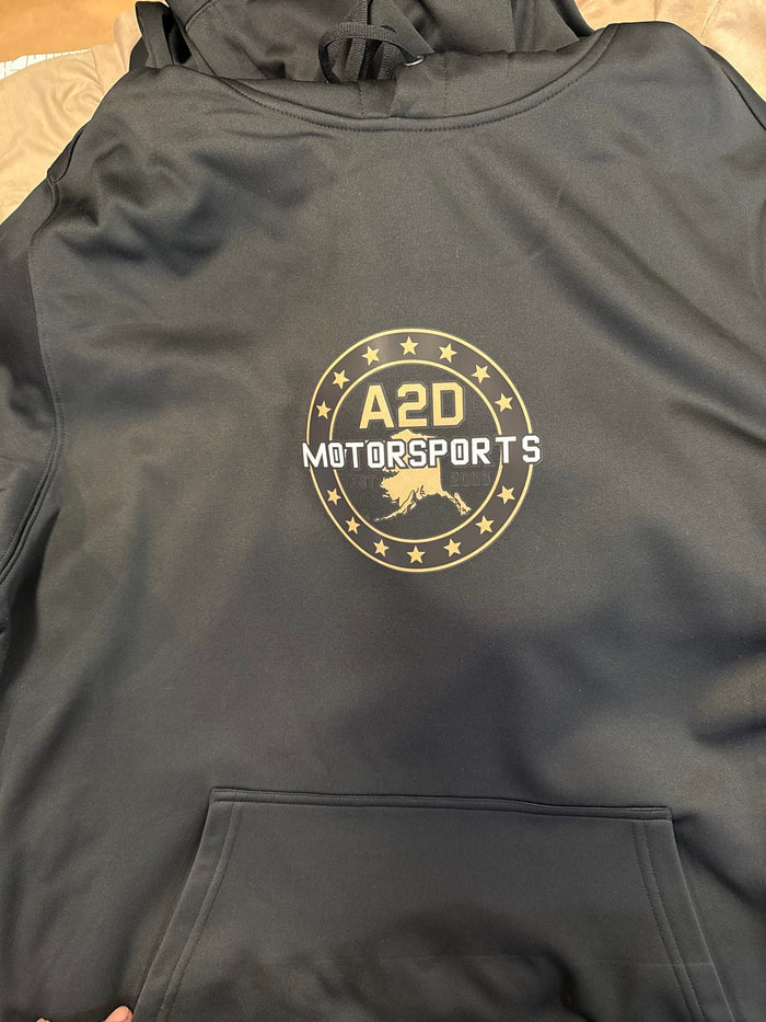 A2D Motorsports black hoodie with gold Stars and State Alaska logo