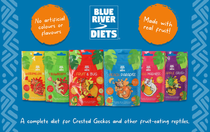 Blue River crested gecko food range – complete diets in assorted flavours