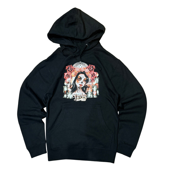 Black hoodie with a colorful graphic design on a white background