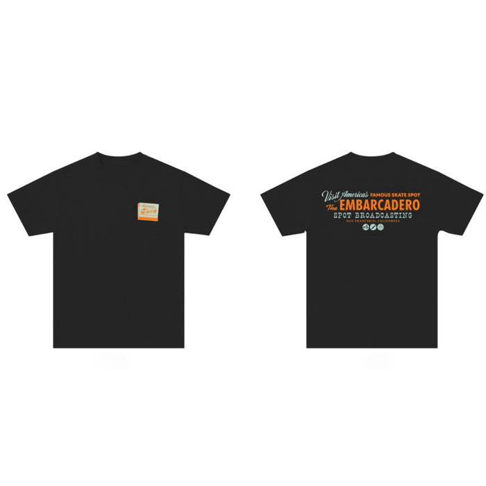 Black t-shirt with text and logo on front and back, on a white background