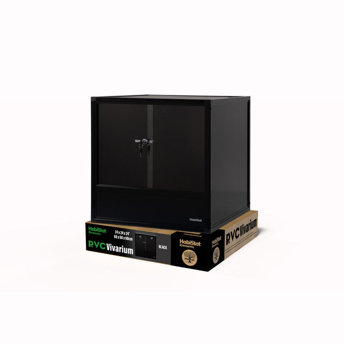 Black HabiStat ProVC 60x60x60cm PVC vivarium shown with retail packaging