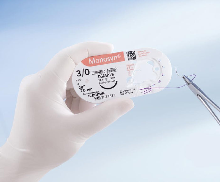 Monosyn suture assorbibili in gliconato, ago 3/8 di precisione 19mm, USP 3/0 - filo incolore 45 cm (conf. 36 pz.)