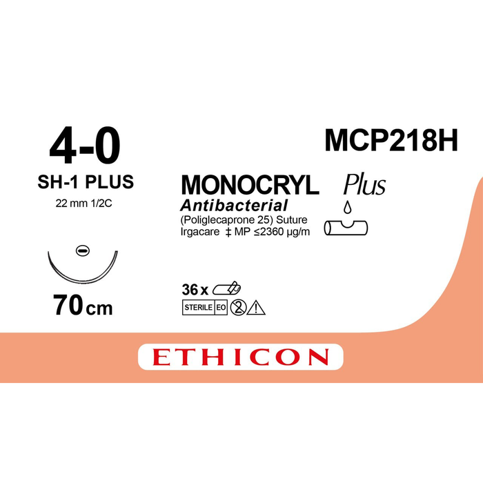 Sutura Ethicon MONOCRYL Plus MCP218H - 4-0, Ago 1/2 SH-1 PLUS mm 22 - Viola (conf. 36 pz.)