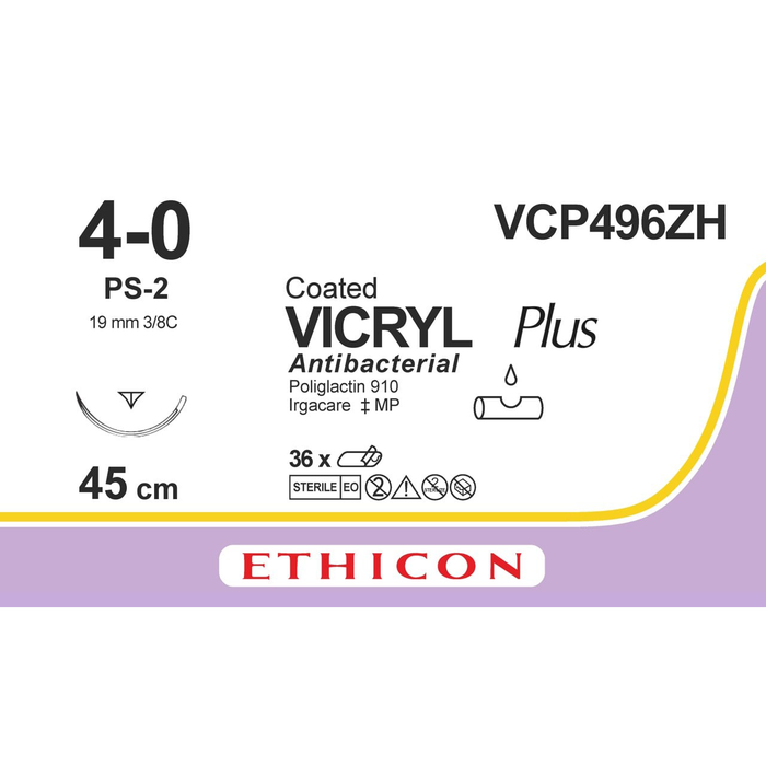 Sutura Ethicon VICRYL Plus VCP496ZH - 4-0, Ago 3/8 PS-2 mm 19 - Incolore (conf. 36 pz.)
