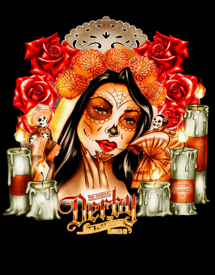 Artistic depiction of a woman with sugar skull makeup surrounded by candles and flowers, featuring the brand 'The Original Derry'.