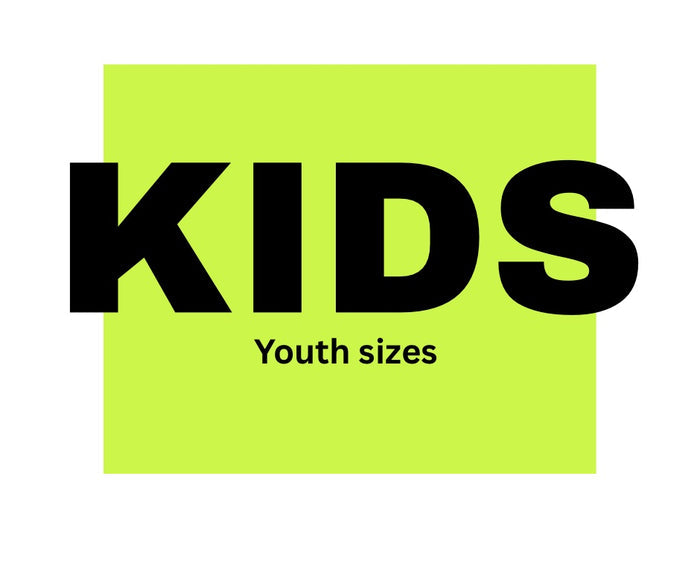 Green rectangle with 'KIDS Youth sizes' text in black on a white background