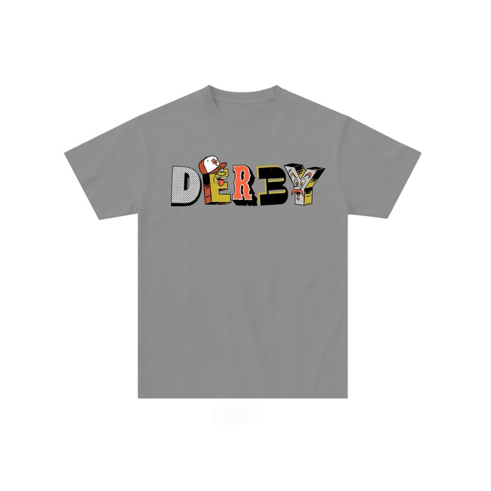 Gray t-shirt with colorful 'DERBY' text design on a white background